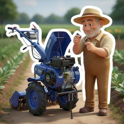 تصویر تیلر با درپوش باز موتور و فردی که روغن موتور را بررسی میکند.